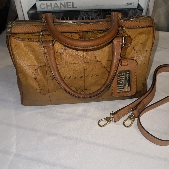 Alviero Martini Vintage Boston Bag Crossbody Purse Map Geo Leather Brown GUC - Picture 2 of 13